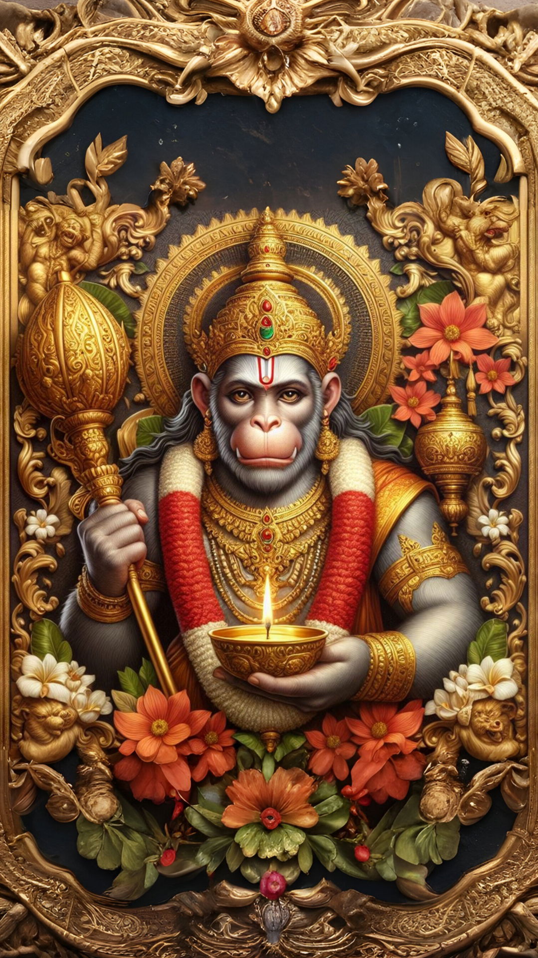 Hanuman holding a lamp and mace