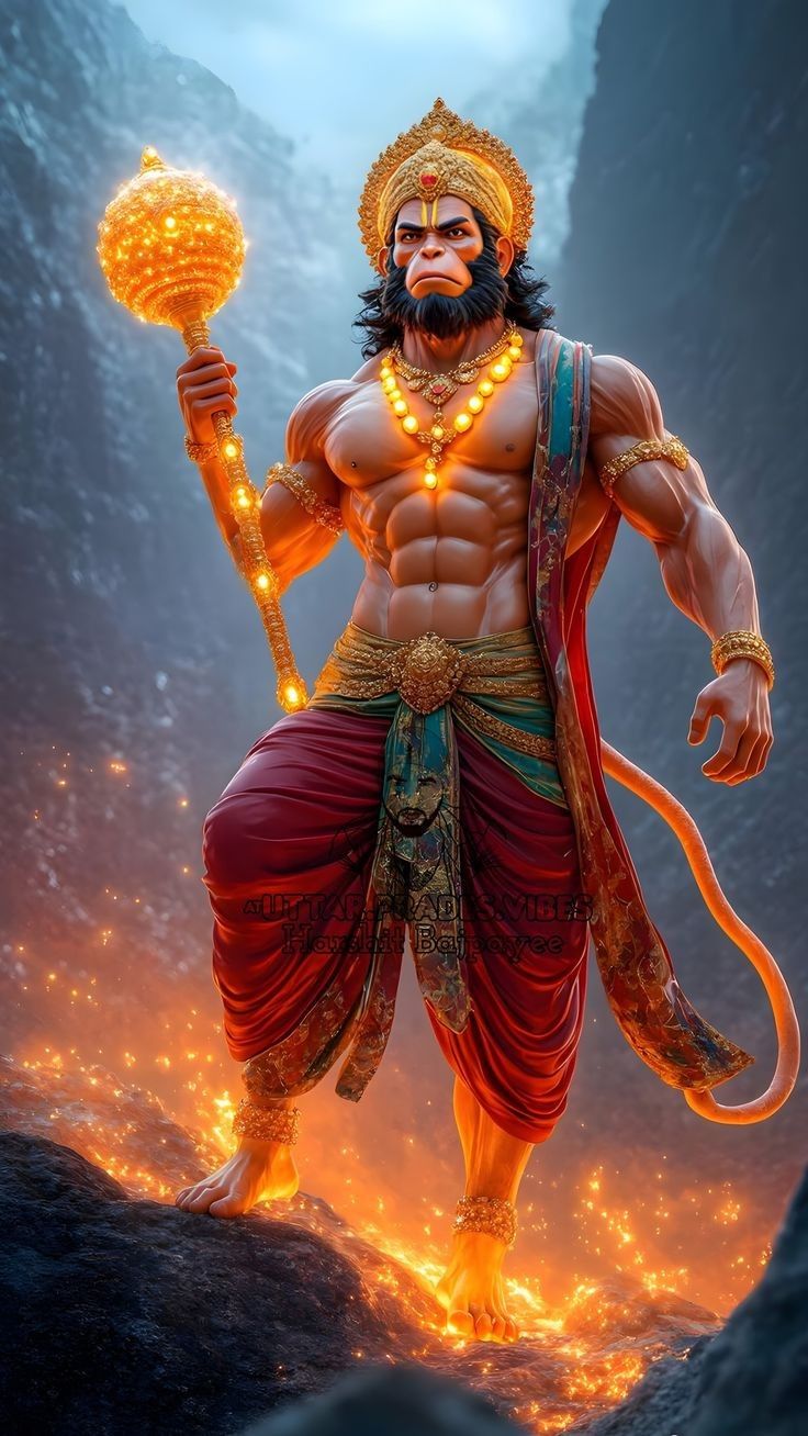 Powerful Hanuman holding golden mace.