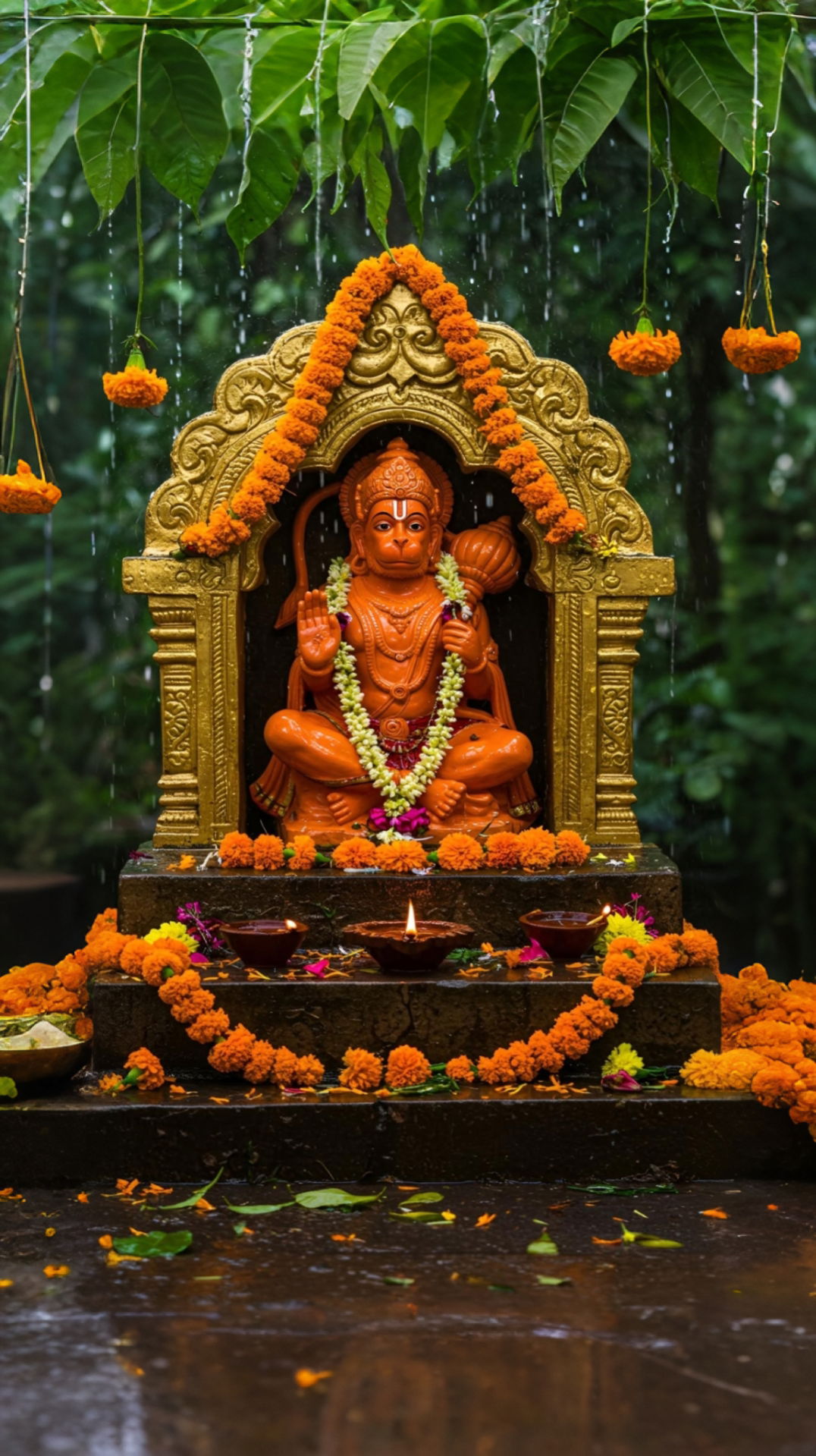 Hanuman statue adorned with marigold flowers
