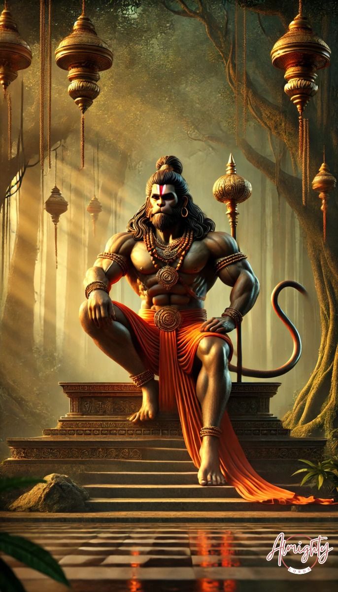 Powerful Hanuman seated in a forest