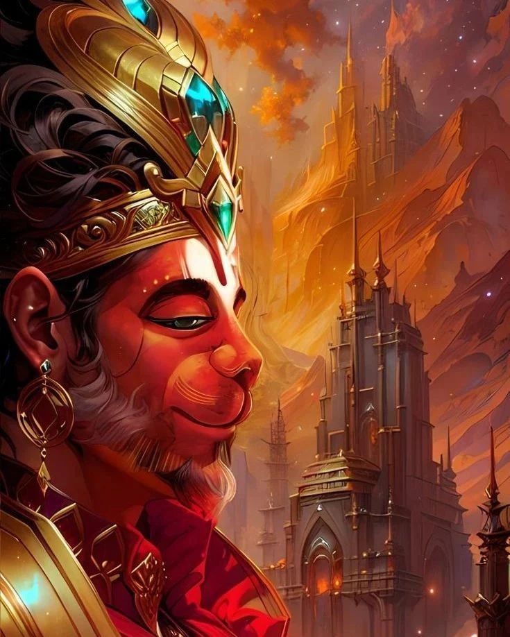 Powerful Hanuman portrait with golden crown.