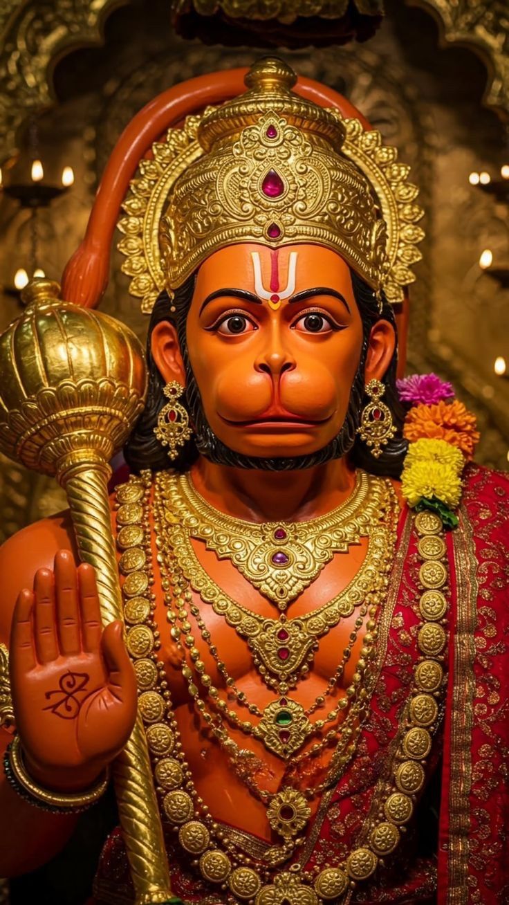 Hanuman adorned with gold jewelry.