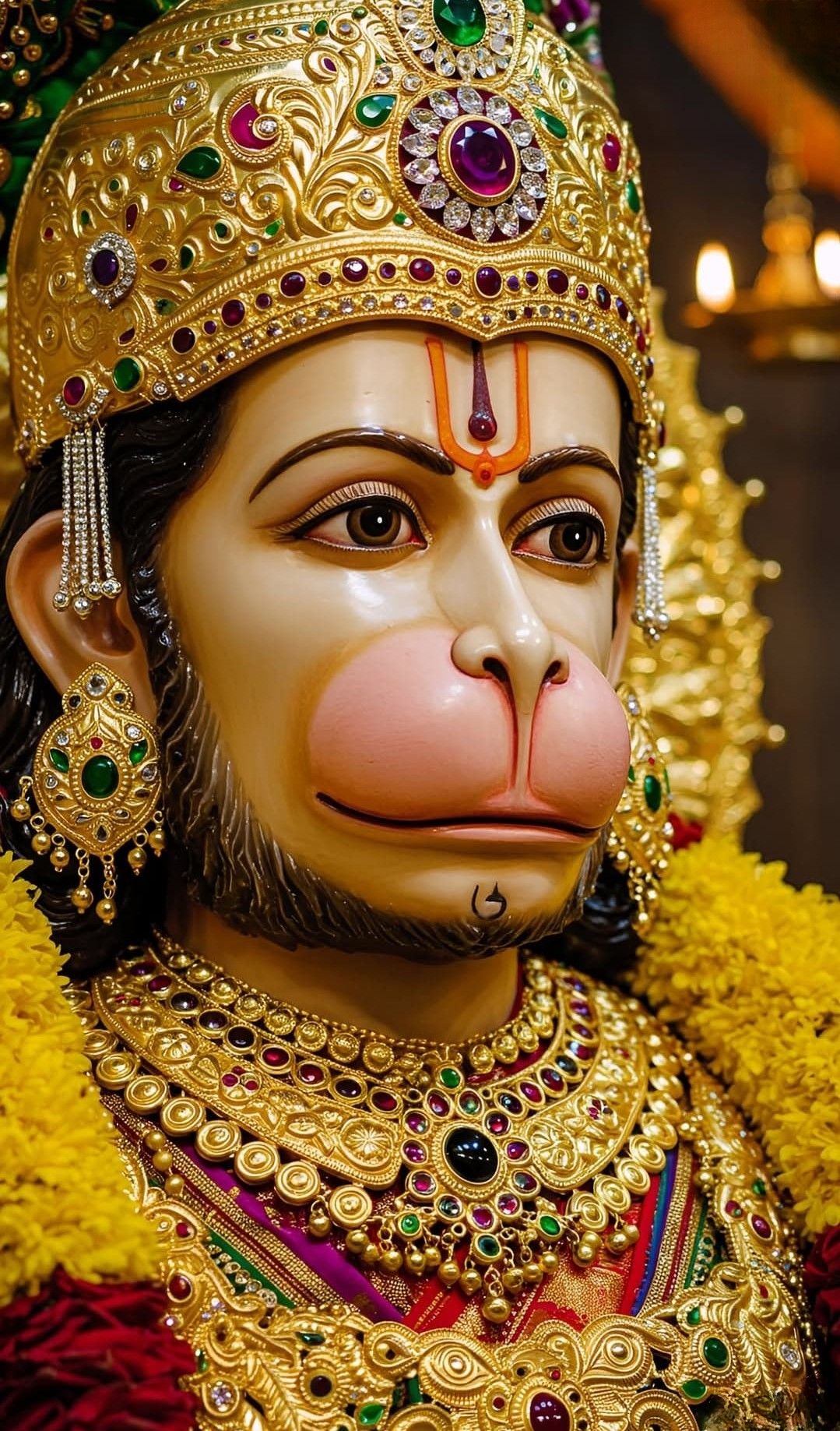 Close-up of golden Hanuman portrait.