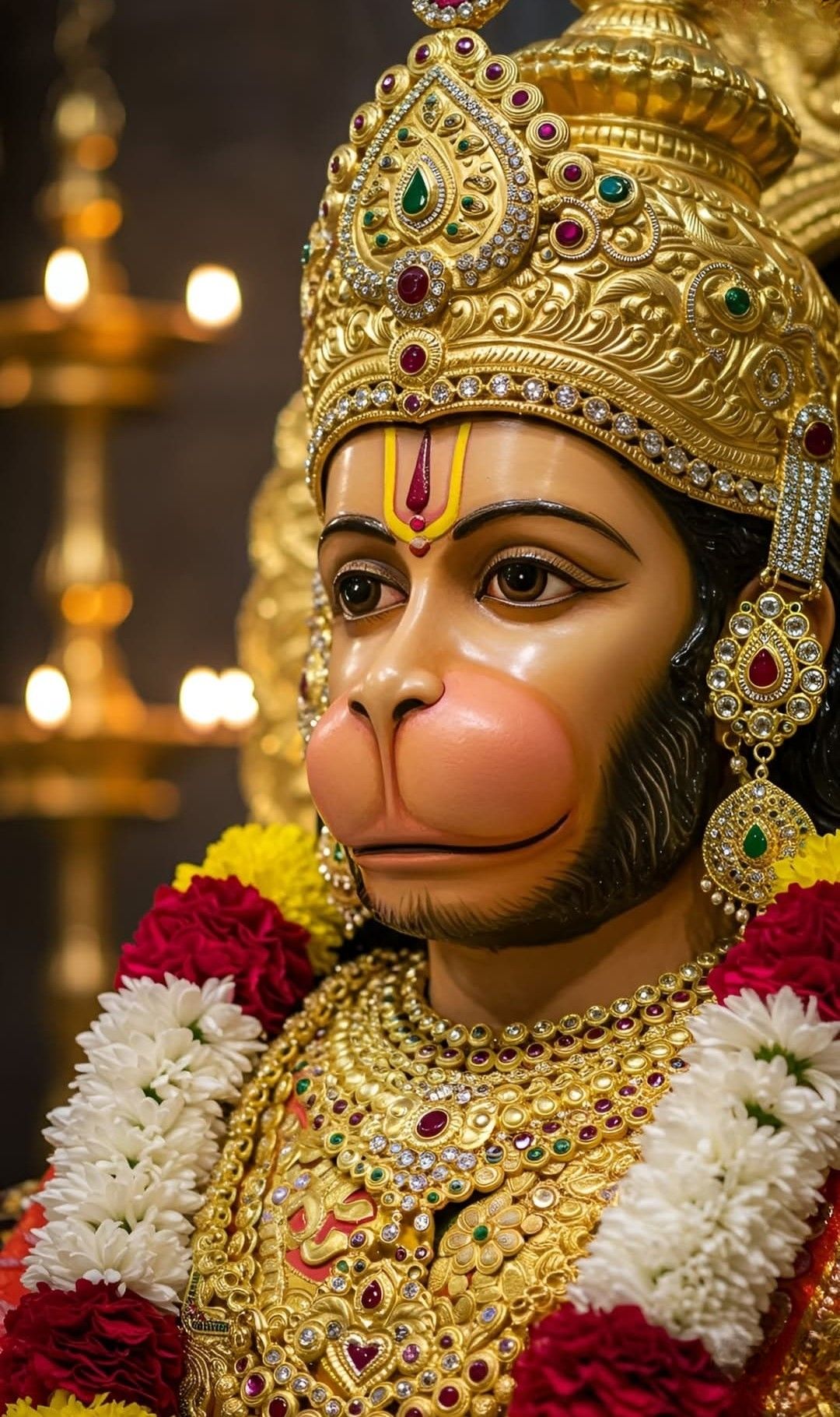 Close-up of Hanuman with golden jewelry.