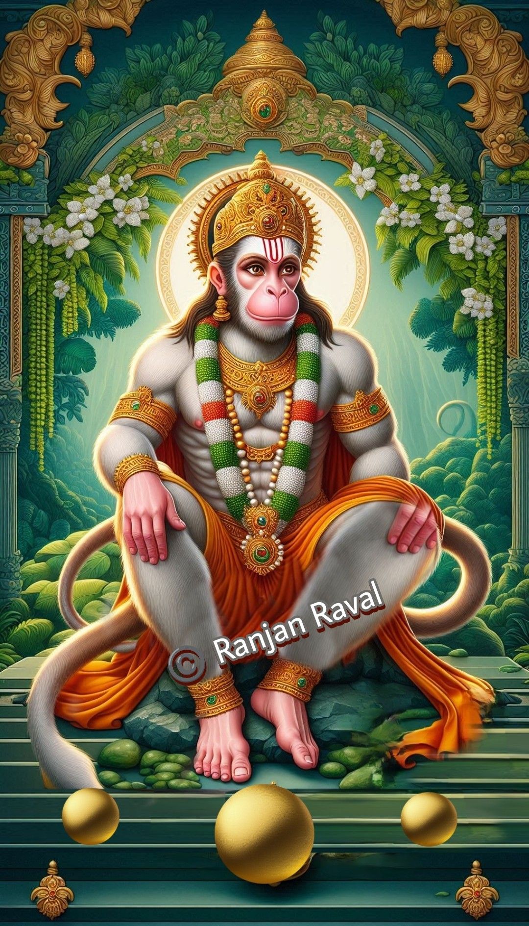 Hanuman sitting in a regal pose.