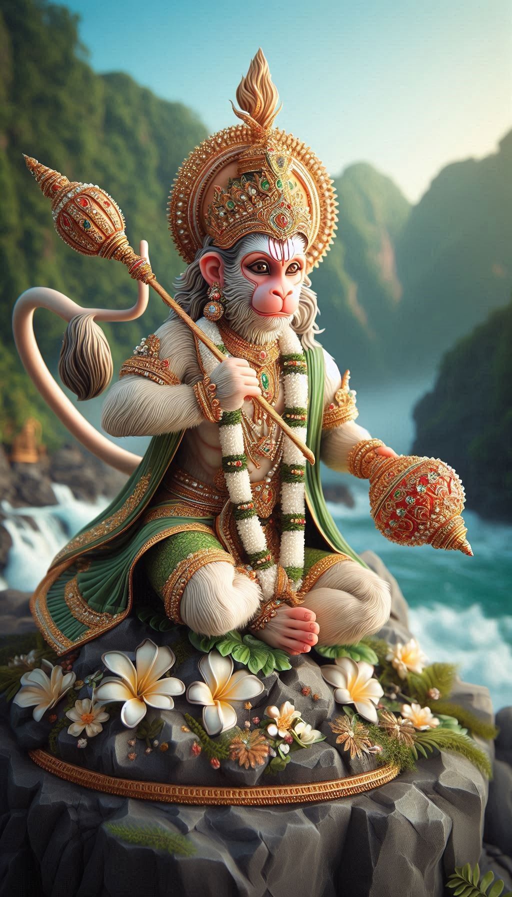 Hanuman with gada seated on mountain