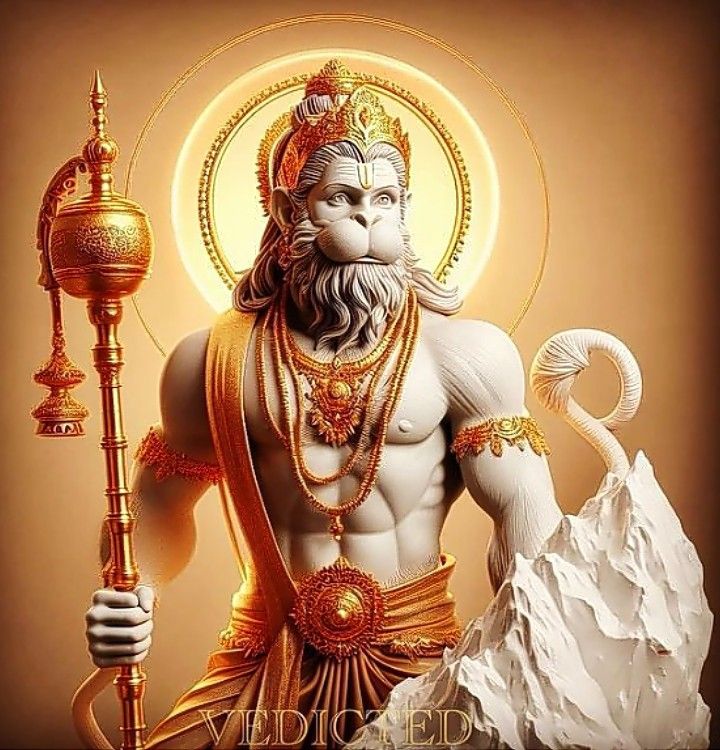 Powerful Hanuman with mace and mountain.