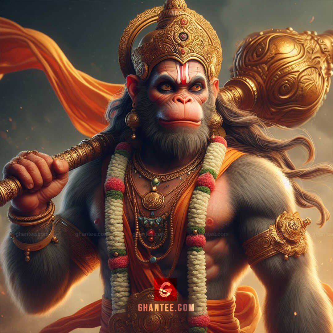 Powerful Hanuman holding his mace.