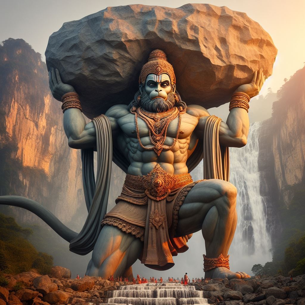 Hanuman lifting a mountain with strength