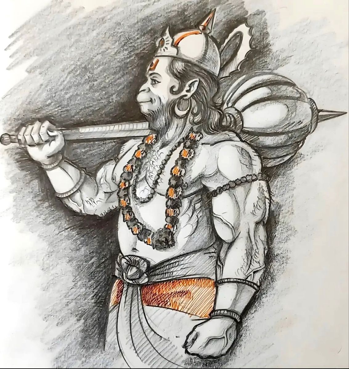 Powerful Hanuman sketch holding a mace
