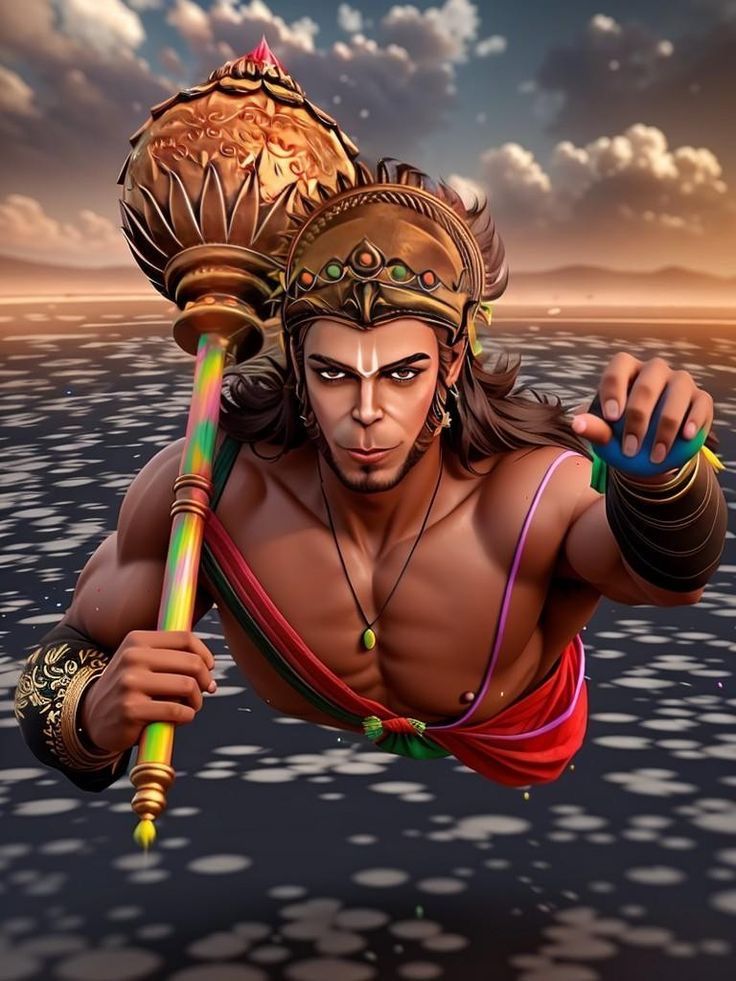 Hanuman with his mace, divine power.