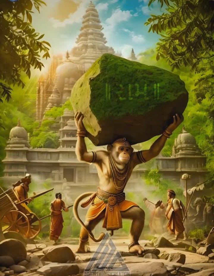 Hanuman carries the Sanjeevani mountain.
