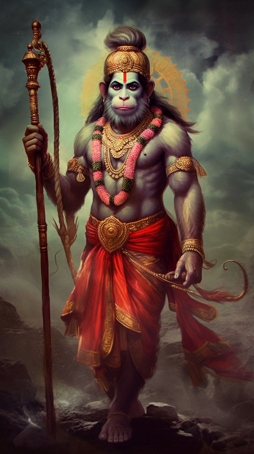 Hanuman holding gada, resolute and divine.