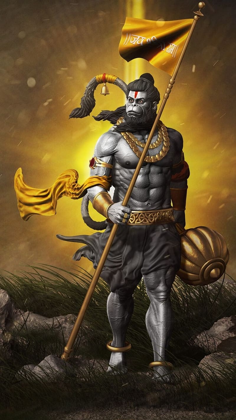 Powerful Hanuman with his mace, ready.