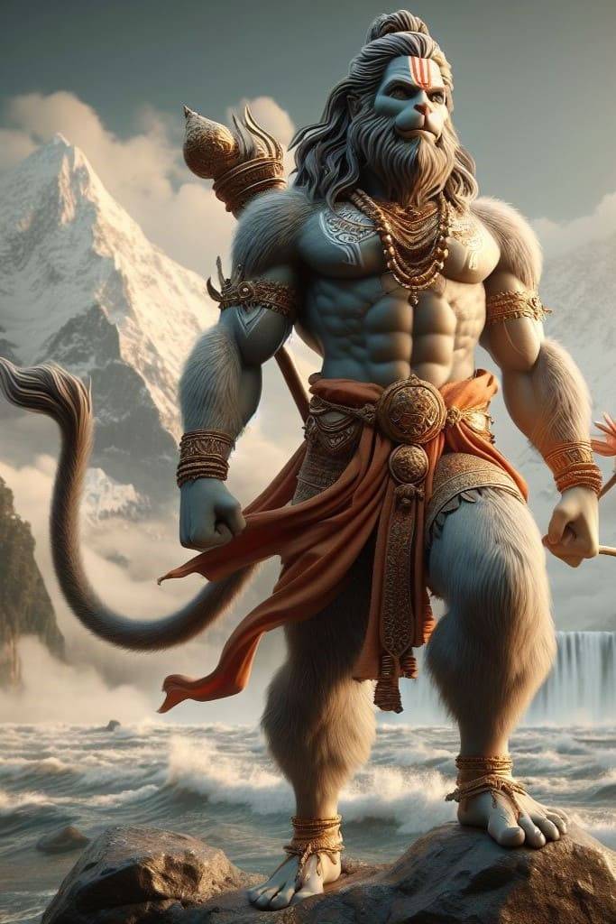 Powerful Hanuman stands amidst mountains.