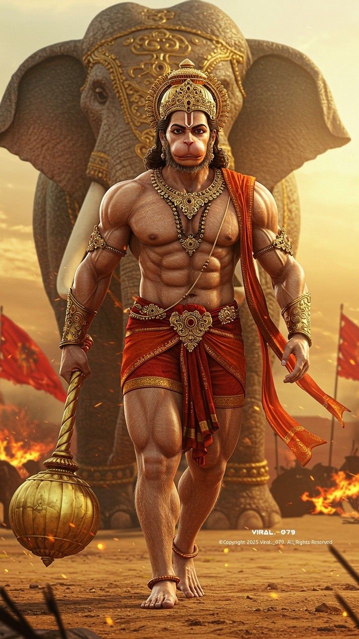 Powerful Hanuman standing with his mace