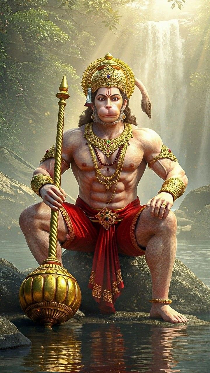 Powerful Hanuman holding his mace.