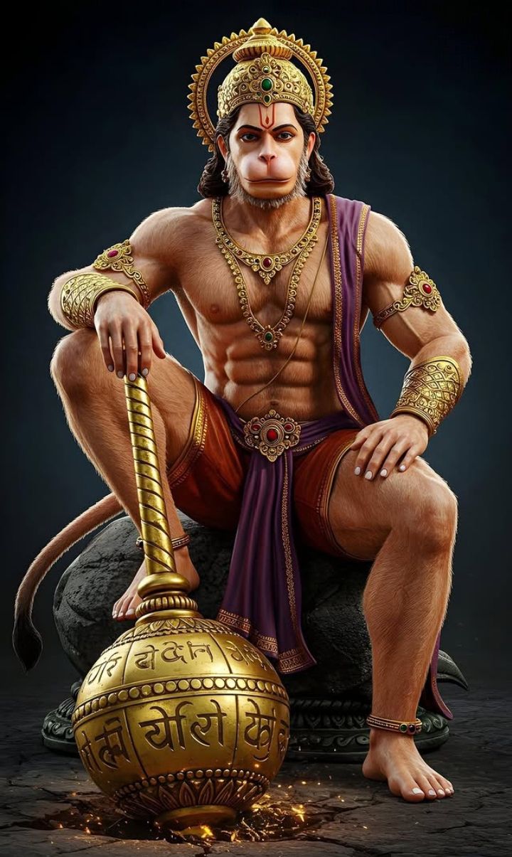 Powerful Hanuman with gada, divine protector.