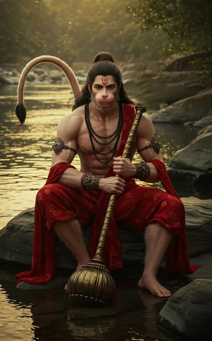 Powerful Hanuman seated with gada