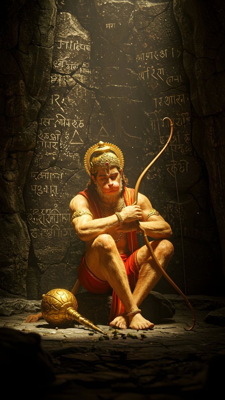 Hanuman seated with bow and mace