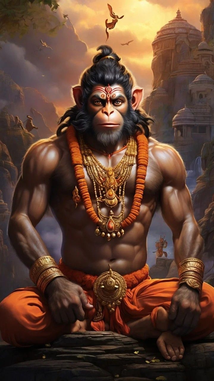 Powerful Hanuman portrait with golden ornaments.