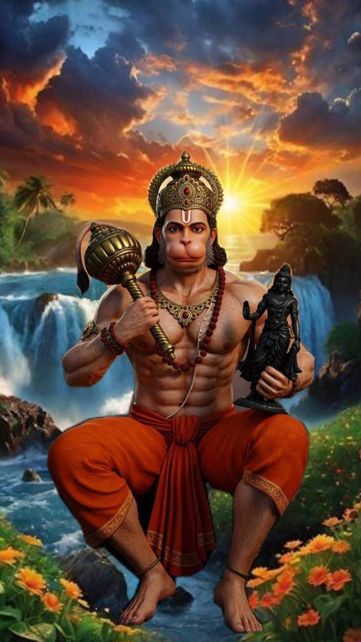 Powerful Hanuman with Mace and Waterfall