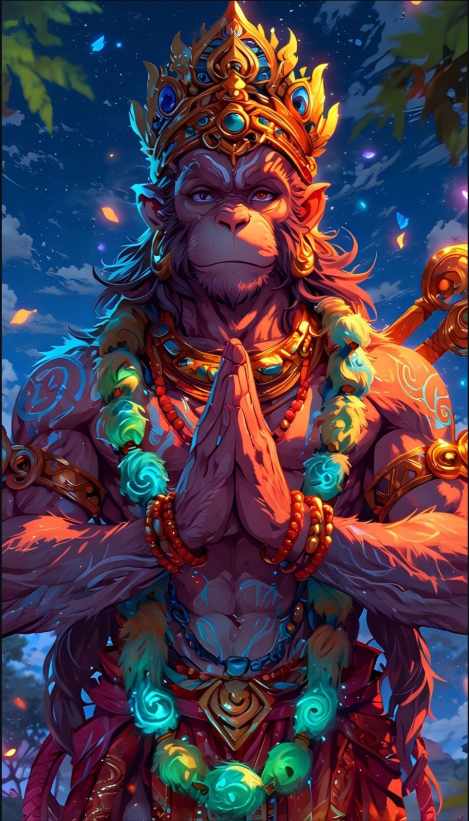 Hanuman in prayerful pose, vibrant art