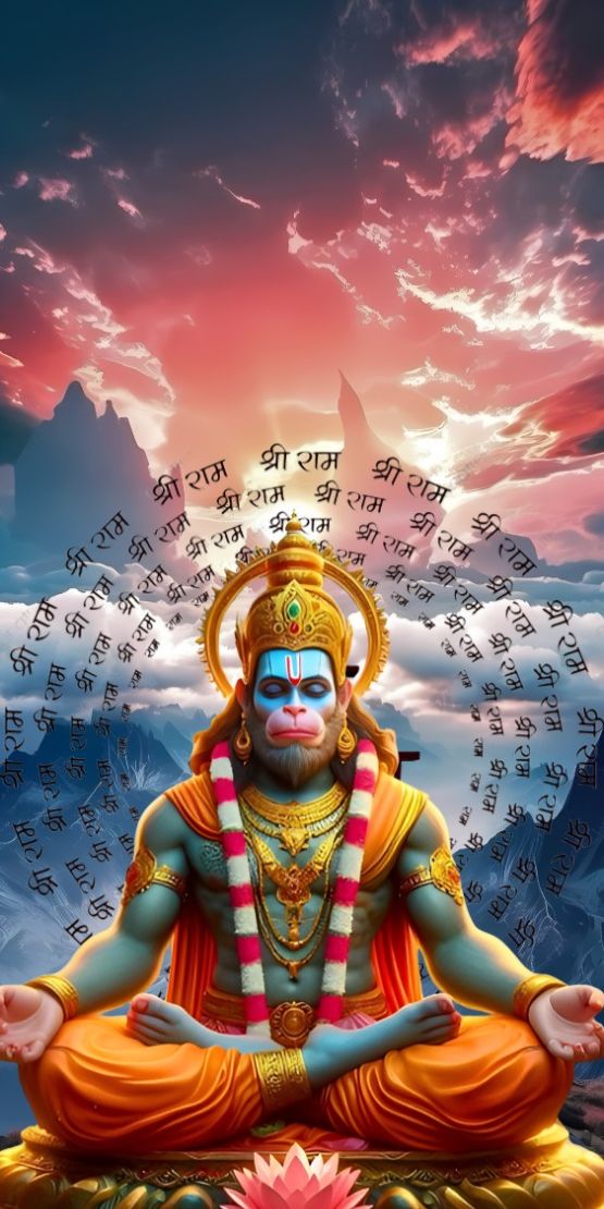 Hanuman meditating on a lotus flower