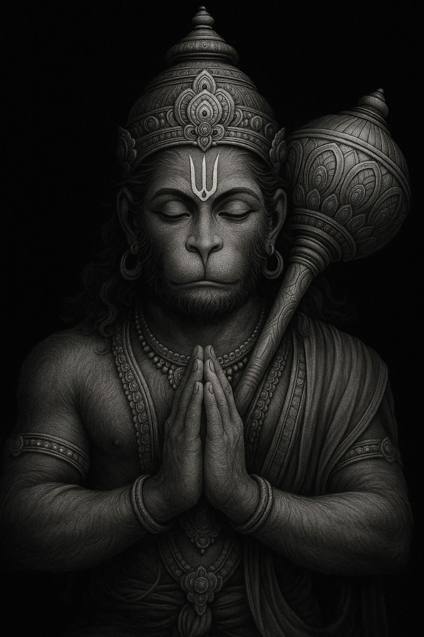 Hanuman in prayerful pose, grayscale art.