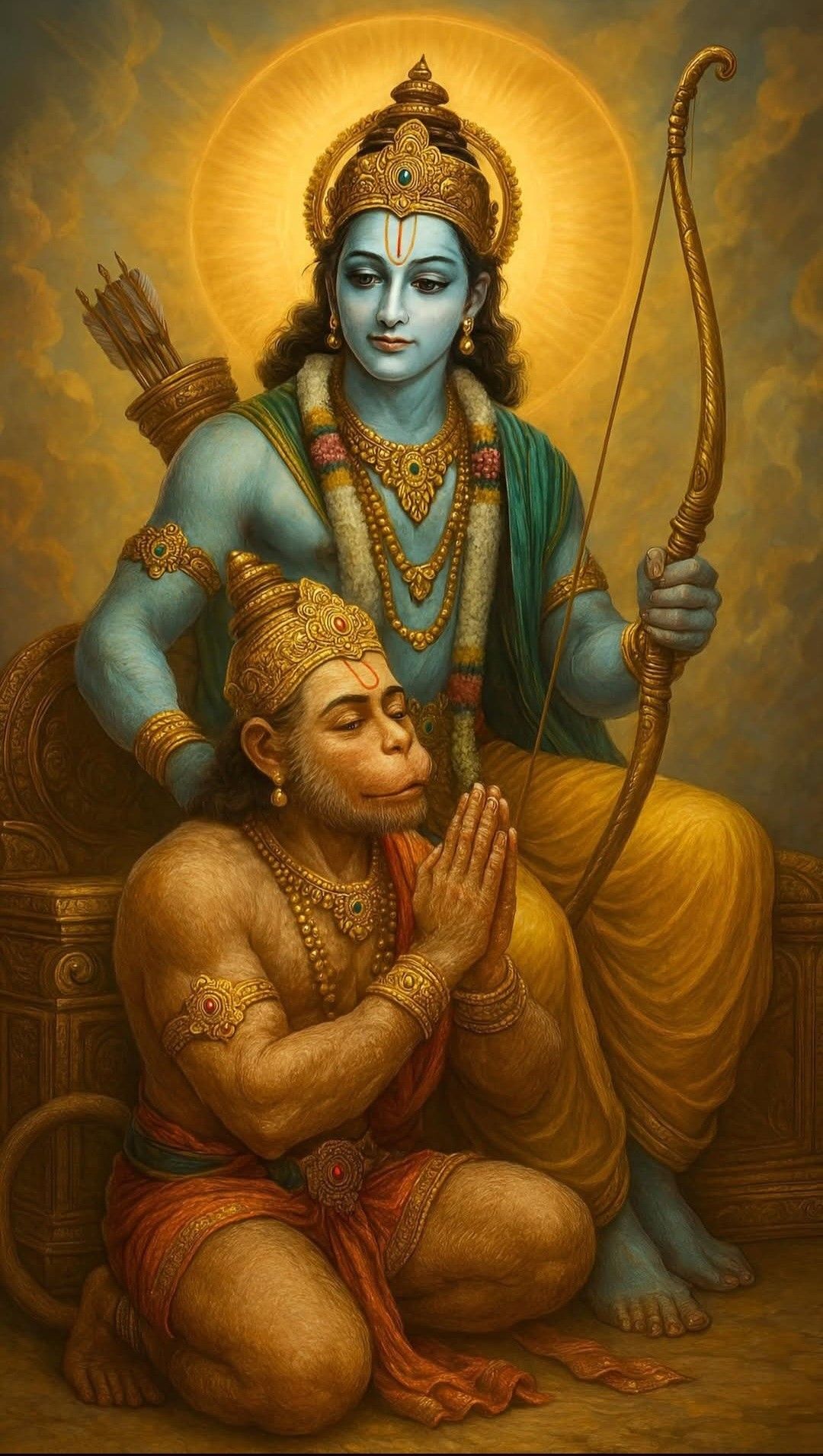 Hanuman kneels before Lord Ram in prayer