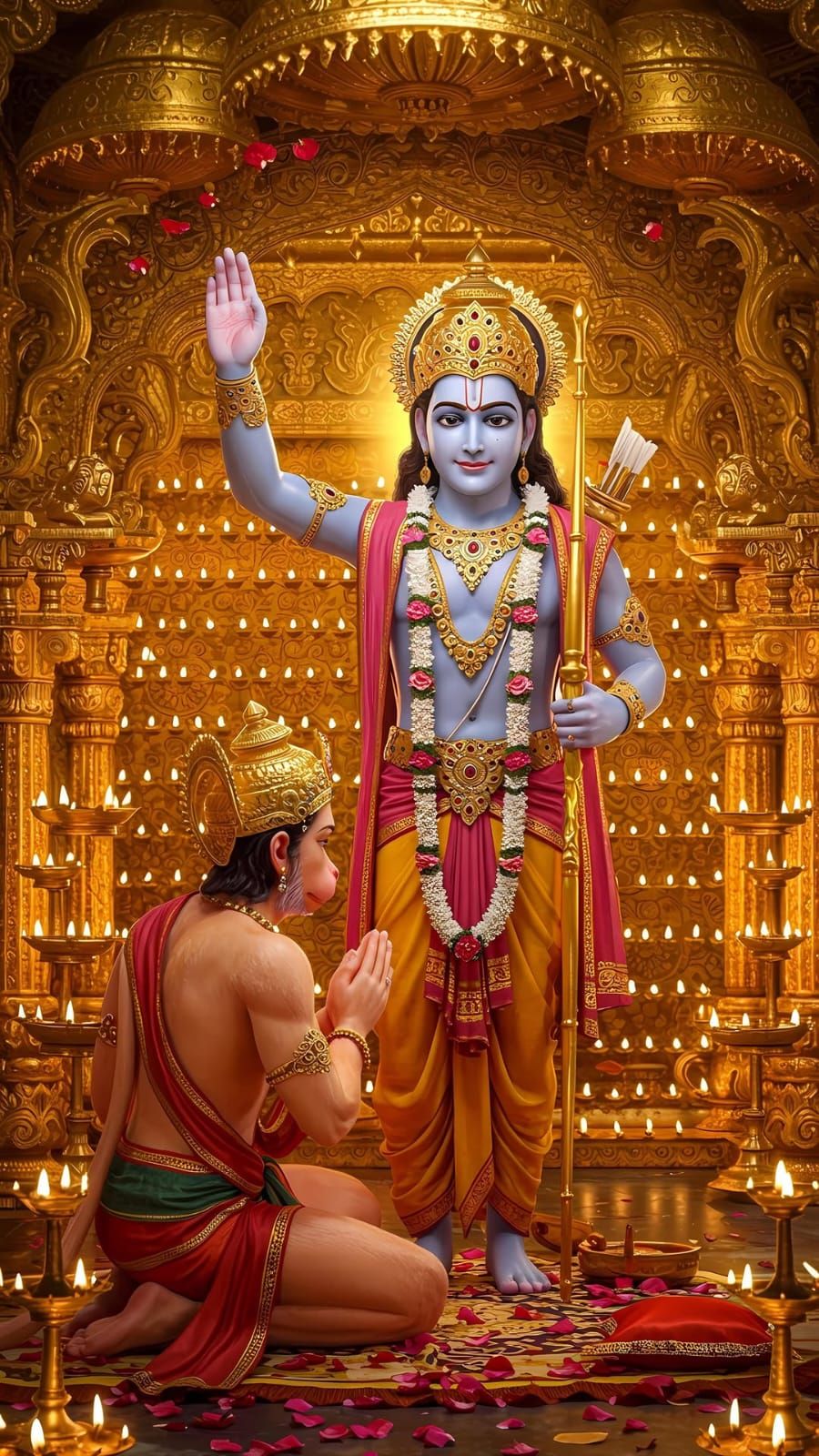 Hanuman worships Lord Ram in temple.