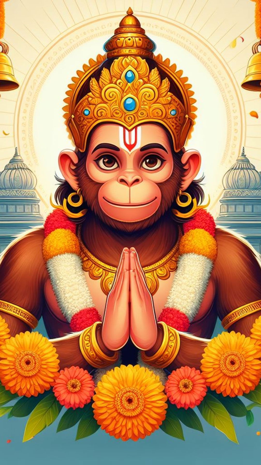 Hanuman in prayer with floral garland.