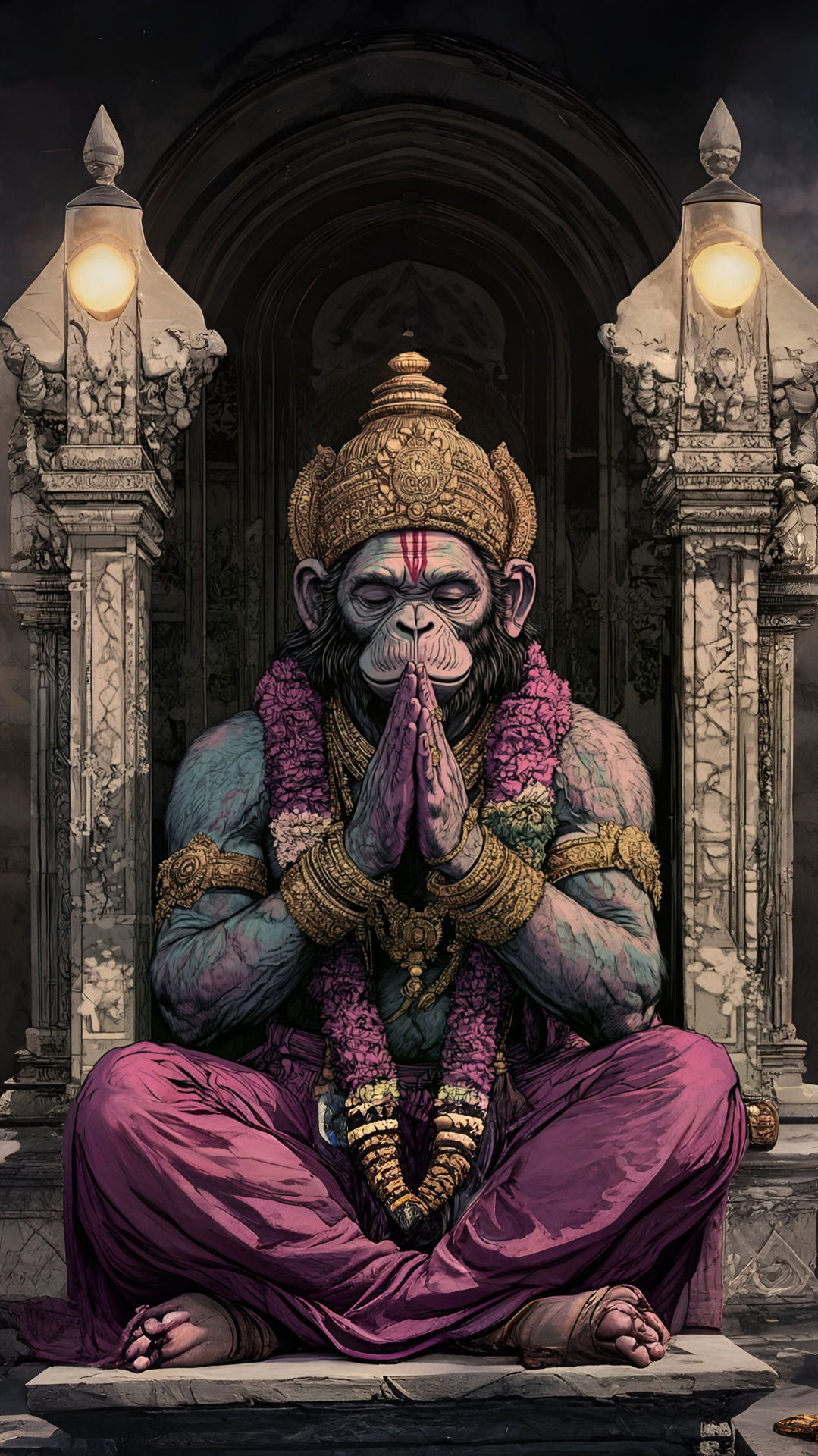 Hanuman in prayer at a temple.