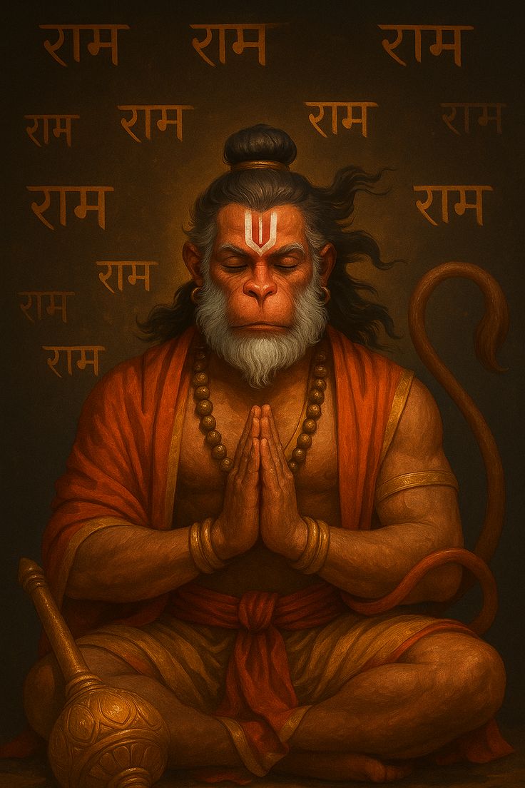 Hanuman in prayerful posture with \'Ram\' mantra