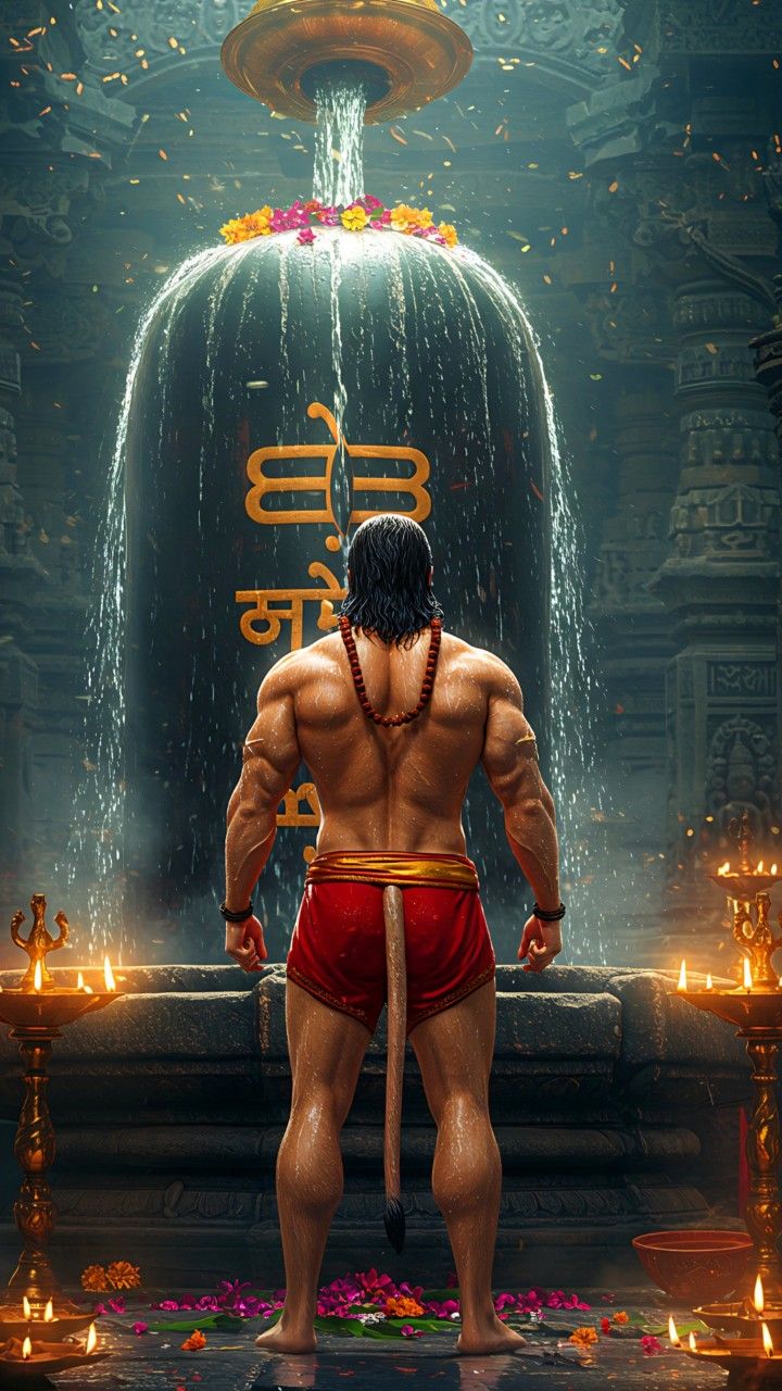 Hanuman praying before Shiva Lingam