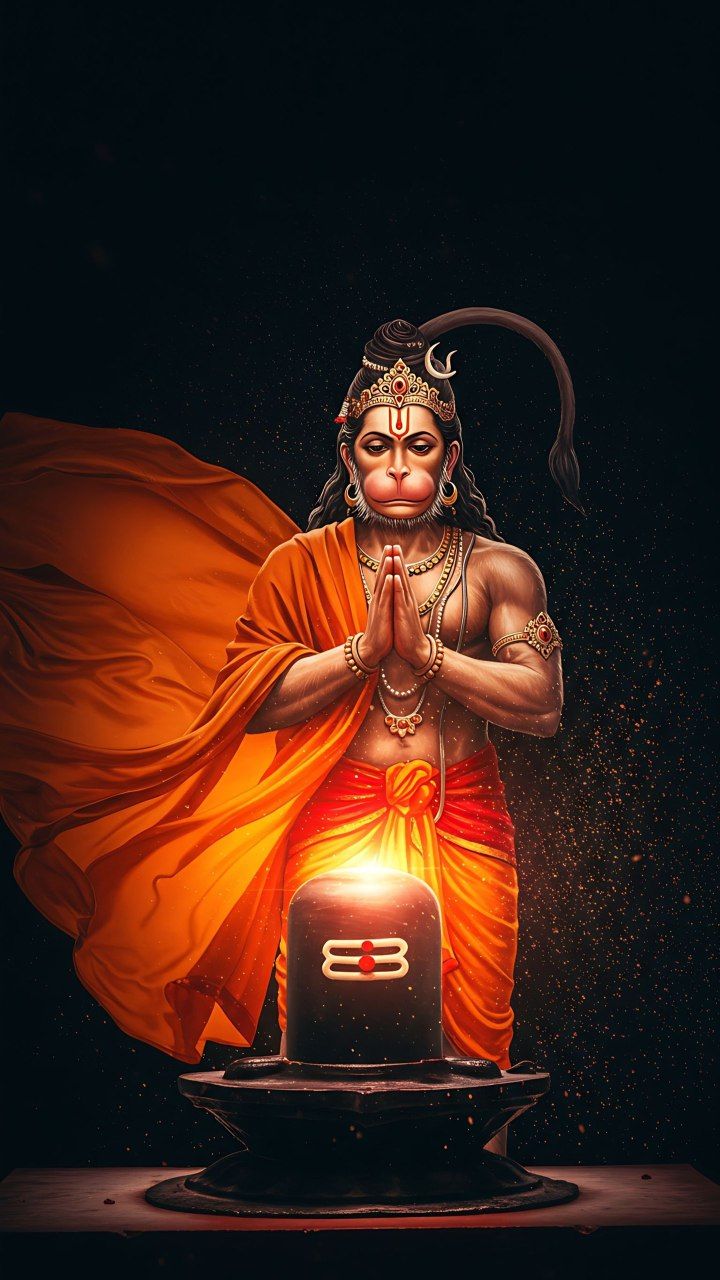 Hanuman praying before Shiva Lingam