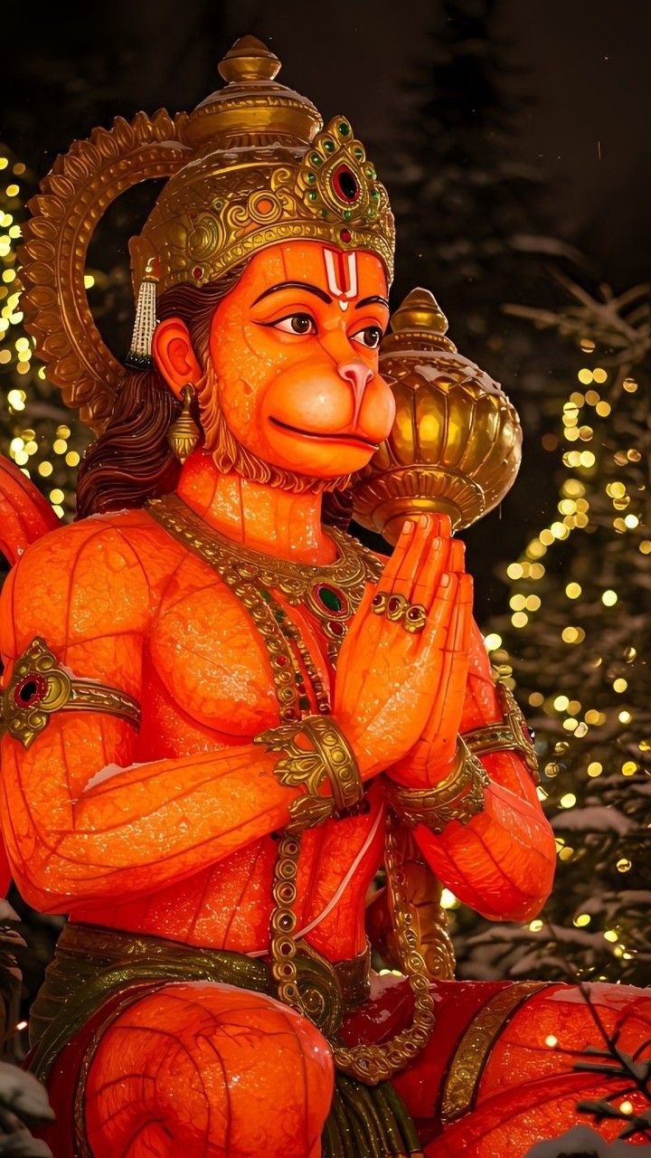 Hanuman in prayerful pose, golden ornaments