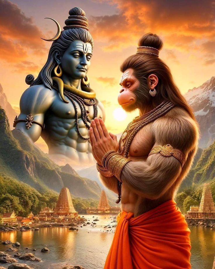 Hanuman prays before Lord Shiva.