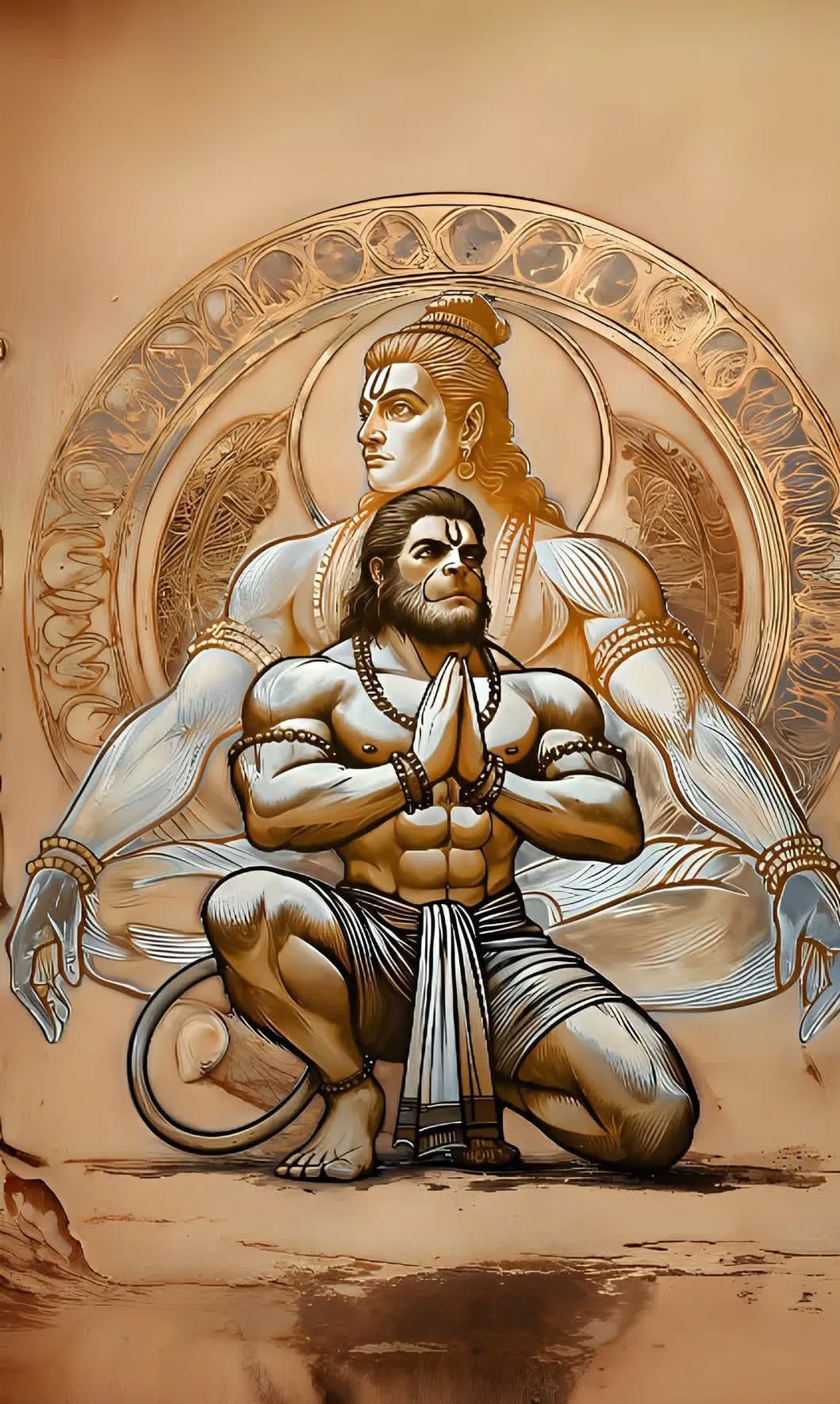 Hanuman kneels in prayer before Lord Rama.