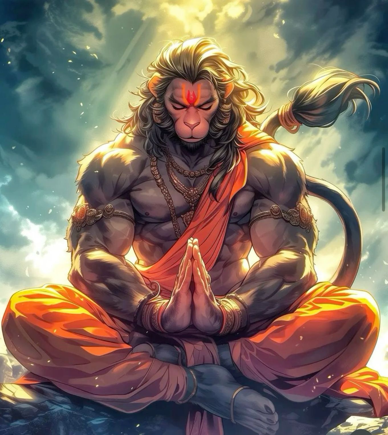 Hanuman in prayerful pose, divine image.