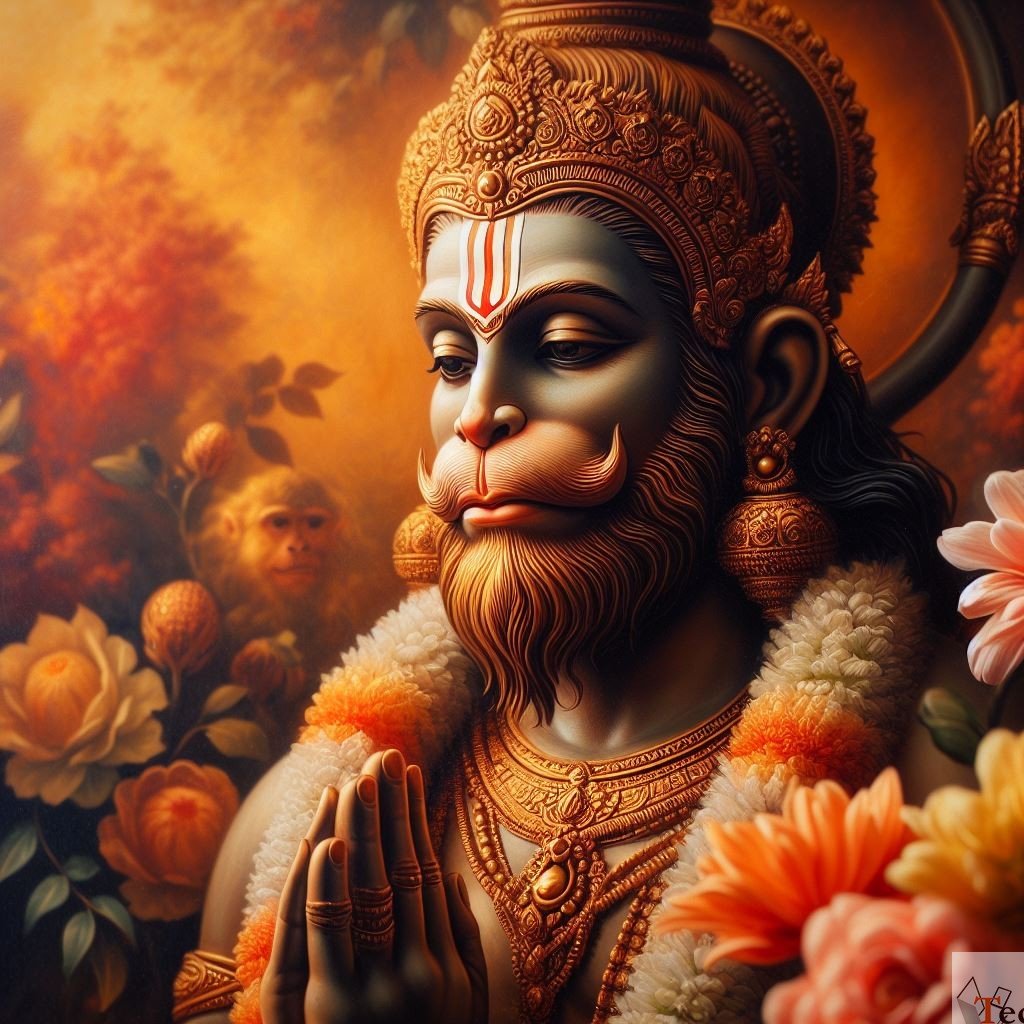 Hanuman in prayer, divine portrait.