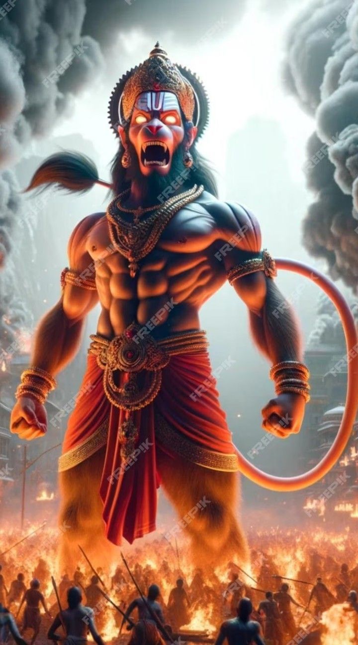 Powerful Hanuman roaring amidst a battle.