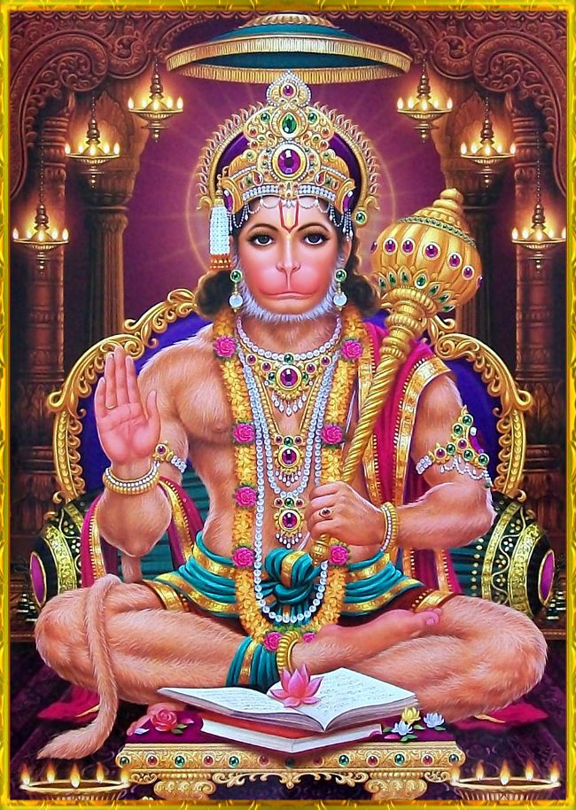 Hanuman seated on a golden throne.