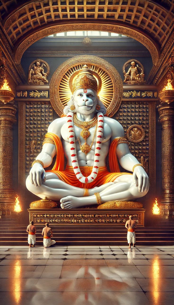 Hanuman seated in golden temple setting.