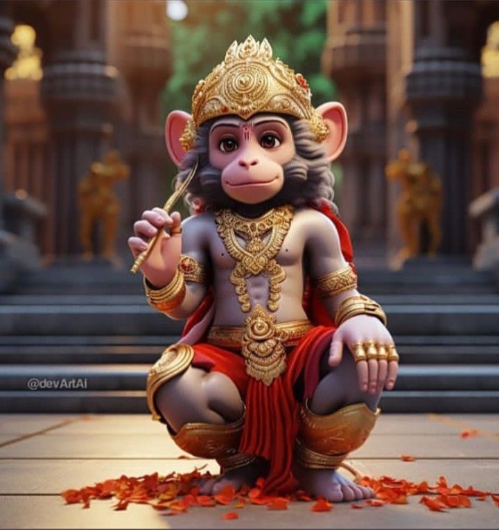Hanuman adorned in golden jewelry sits.
