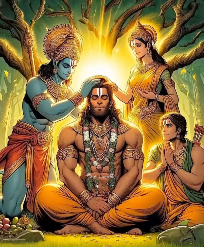 Hanuman receiving blessings from Lord Ram