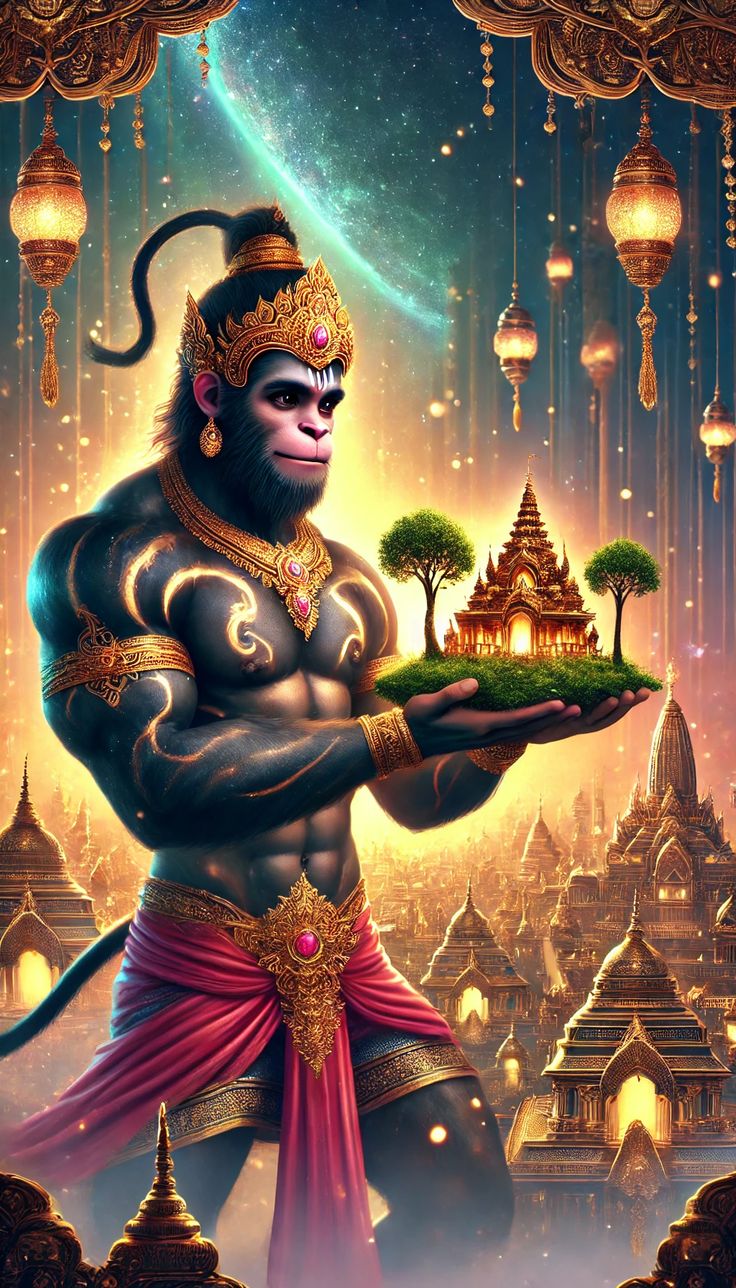 Hanuman holding a mountain and city