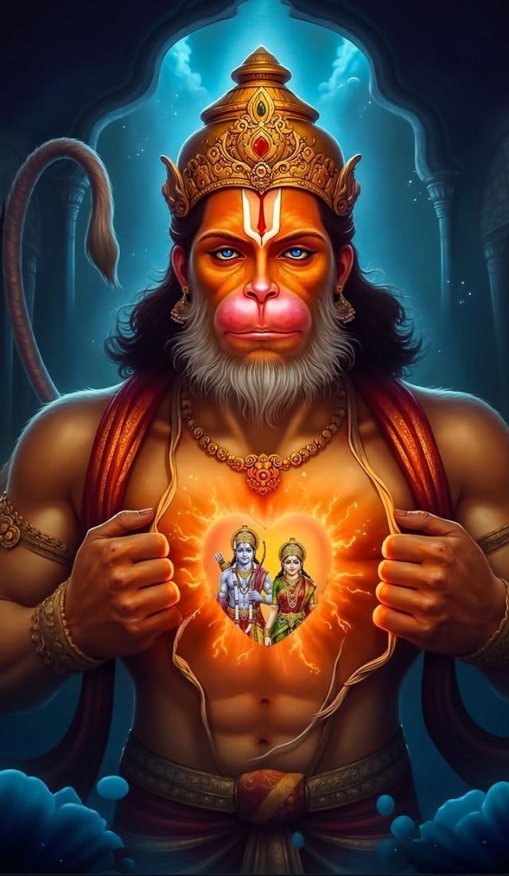 Hanuman holding Ram and Sita\'s image.