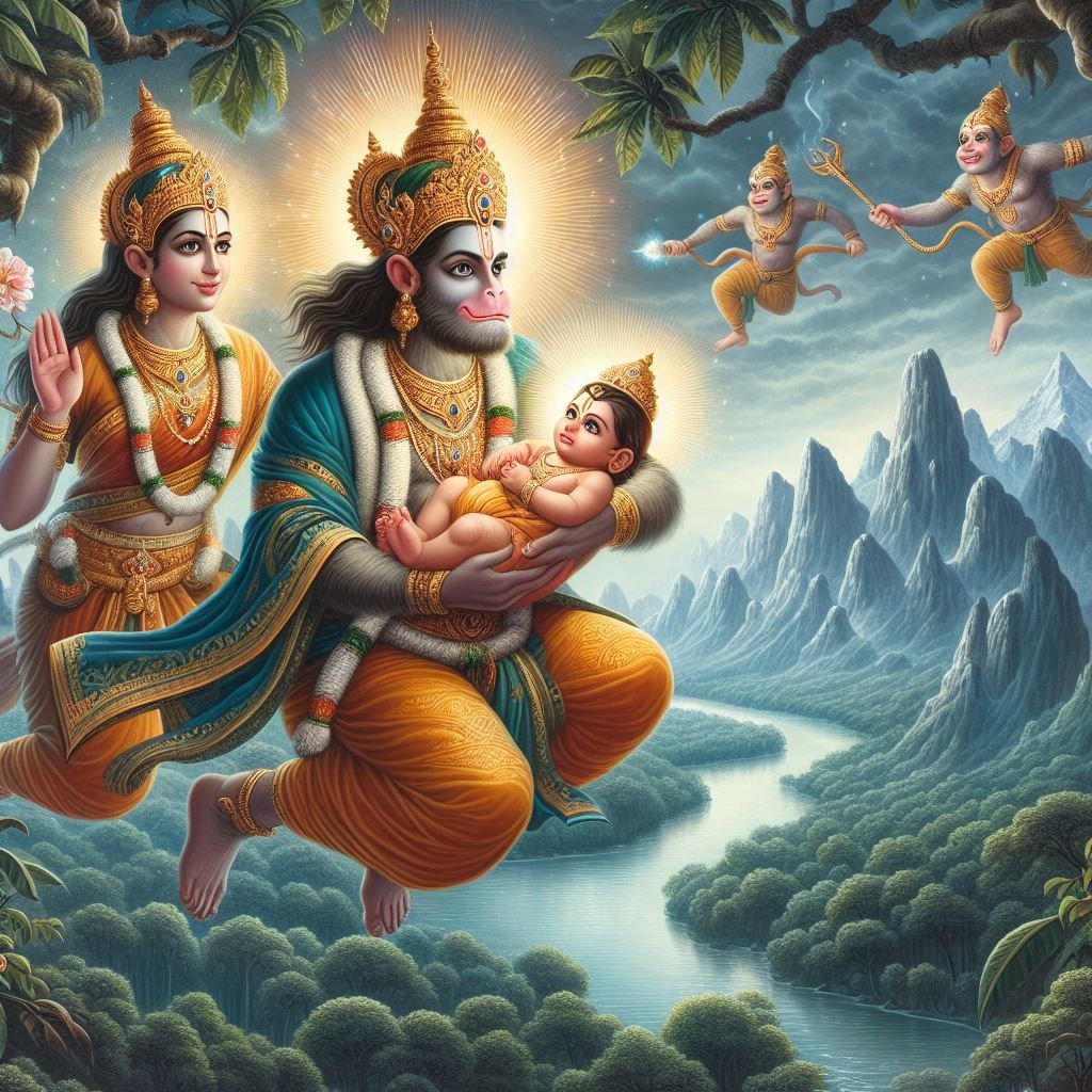 Hanuman carries Rama and Sita