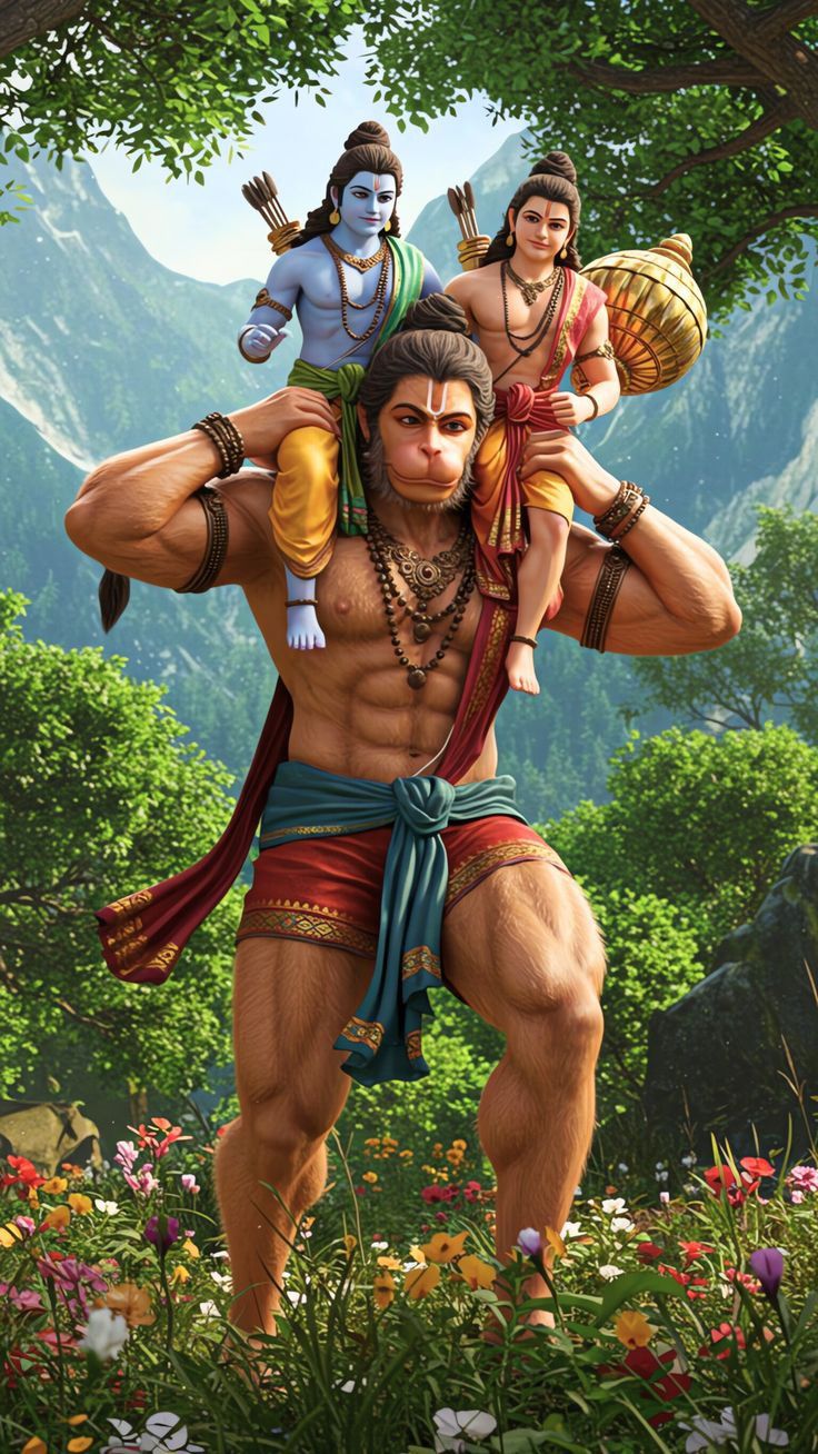 Hanuman carries Rama, Sita, and Lakshman